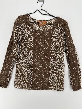 Tory Burch Brown White Floral Lace Trim Cotton Blouse Womens Size 6 Boho